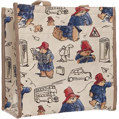 Image of Signare Paddington Bear Blue Beige Woven Tapestry Shoulder Bag Handbag Reusable Shopper One Size 30cm (H) x (W) 14cm (D) Mesh Side Pocket, Outer Zip Compartment &amp; Long Handles Official