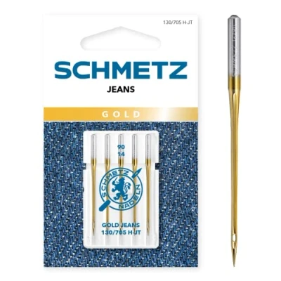 Image of SCHMETZ sewing Machine Needles 5 Gold Denim 130/705 H JT Needle Thickness: 90/14 Suitable for jeans and similar fabrics Can be used on all standard household machines