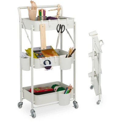 Image of Relaxdays Serving Cart, Rolling, 3 Tiers, Kitchen Trolley, Bathroom &amp; Office, HWD: 89 x 44.5 29 cm, Craft, White, Steel