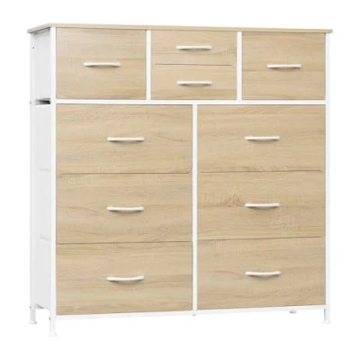 Image of WOLTU Chest of Drawers, 8 Storage Drawers in 3 Sizes for Bedroom/Hallway/Living Room, Fabric Drawer Unit, Light Oak Effect+White, Metal Frame, E1 Engineered Wood, SSK009whe