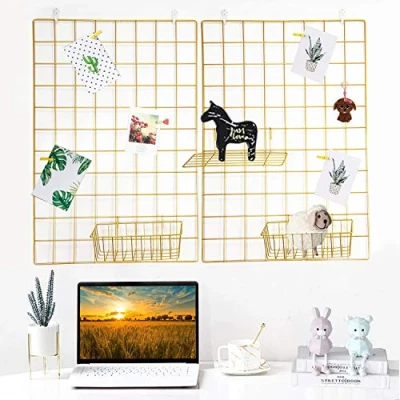 Image of GBYAN 2 Pack Wall Grid Panel with Clips Hanging Photo Display Shelf Wire Notice Board Metal Rack Art Organizer Home, Office &amp; Kitchen Décor Mesh Picture