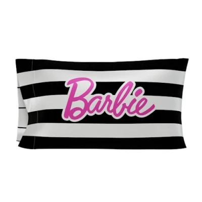 Image of Franco Collectibles Barbie Barbicore Black &amp; White Stripped Beauty Silky Satin Standard Pillowcase Cover 20x30 for Hair and Skin, (Official Licensed Product)