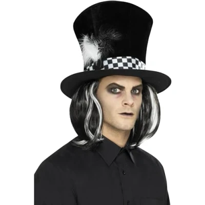 Image of Smiffys Dark Tea Party Top Hat, Black with Hair, Halloween Twisted Fairytale Fancy Dress, Dress Up Hats