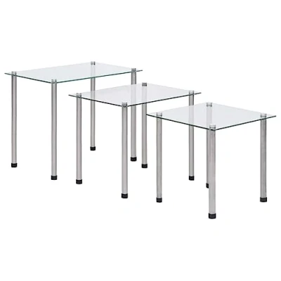 Image of vidaXL 3x Transparent Tempered Glass Nesting Tables Modern Stackable Accent End for Living Room, Bedroom, Office Set of 3 Stainless Steel Legs