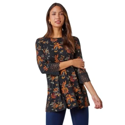 Image of Roman Originals Floral Soft Stretch Jersey Top for Women UK Ladies Everyday Autumn Winter Round Neckline Comfy Evening Vacation Work Party Night Out Ochre Size 18
