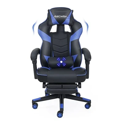 Image of PULUOMIS Video Gaming chair Massage for Adults with Footrest Computer Desk PU Leather 150 Reclining High Back Support Office Home Headrest Lumbar (Blue)