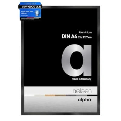 Image of nielsen Alpha Photo Frame A4, 21x29.7cm Aluminium Picture Frame, Black with Protective Float Glass and Push Turn Clips Jet Polished