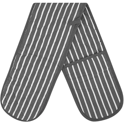 Image of MOLLY MALOU® Butcher Stripe Double Oven Gloves Quilted Heavy Duty Cooking Potholder Heat Resistant Mitt 18x90cm (Grey)