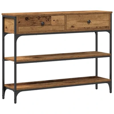 Image of vidaXL Console Table Reclaimed Wood &amp; Metal Frame Industrial End with Shelving, Weathered Finish, Rectangular Shape, Brown Color Indoor Furniture for Living Room, Foyer Office Use