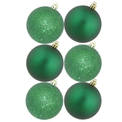 Image of Large Green Christmas Baubles 6 Pack 80mm Glitter/Plain Decorations 0891