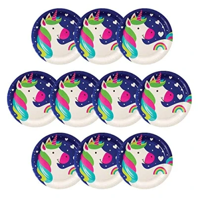 Image of Baker Ross FC972 Rainbow Unicorn Party Plates Pack of 10, Kids Plates, Birthday Paper