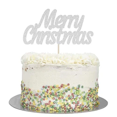 Image of Large Glitter Merry Christmas Cake Topper (Silver Glitter)