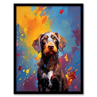 Image of Artery8 Wirehaired German Pointer Dog Lover Gift Pet Portrait Blue Orange Purple Artwork Painting Framed Wall Art Print 18X24 Inch