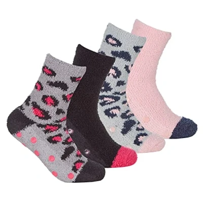 Image of Sock Snob 4 Pair Multipack Womens Bed Socks with Grips Thermal Indoor Fuzzy Anti Slip Cosy Fluffy Slipper for Ladies (4 8, Animal Print)