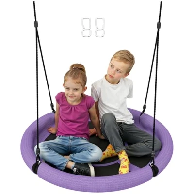 Image of AIYAPLAY Nest Swing Seat for Kids, 100 cm Diameter Saucer Tree Set with Height Adjustable Hanging Ropes Outdoor, Playground, Garden, Purple
