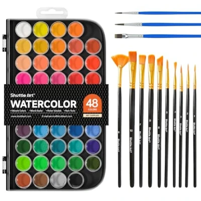 Image of Shuttle Art 58 Pack Watercolour Paint Set, 48 Colours Pan with 13 Brushes for Kids and Beginners to Paint, Bullet Journal, Calligraphy Practice