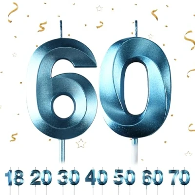 Image of 60th Birthday Candles Numbers 60 Blue for Cake, 3D Diamond Shape Cake Decorations Party Wedding Anniversary Celebration Supplies