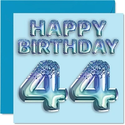 Image of 44th Birthday Card for Men Blue Glitter Party Balloon Happy Cards 44 Year Old Man Friend Dad Brother Uncle Cousin, 145mm x Forty Four Fourth Greeting Gift