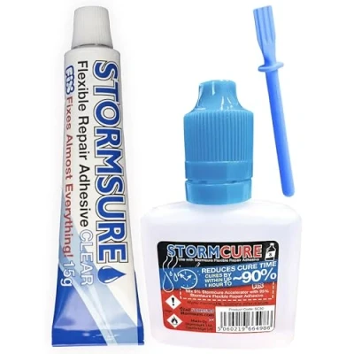 Image of Stormsure Flexible Repair Adhesive Kit 15g Clear + 30ml Stormcure Accelerator Spatula Quick and Reliable Repairs for Strong Results