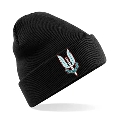 Image of PSave SAS Special Air Service Who Dares Wins Blue Flaming Dagger Insignia Mens Premium Embroidered Beanie Hat, Bob Hat British Army Military (Black)