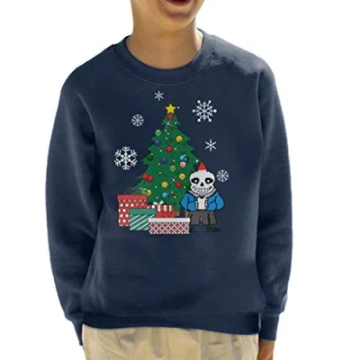 Image of Cloud City 7 Sans Around The Christmas Tree Undertale Kid&#039;s Sweatshirt Navy Blue