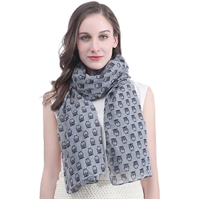 Image of Lina &amp; Lily Owls Print Large Scarf Shawl Lightweight (Grey)(Size: 180cm x 90cm)