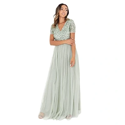 Image of Maya Deluxe Women&#039;s Green Lily V Neckline Embellished Maxi Dress Bridesmaid, 14