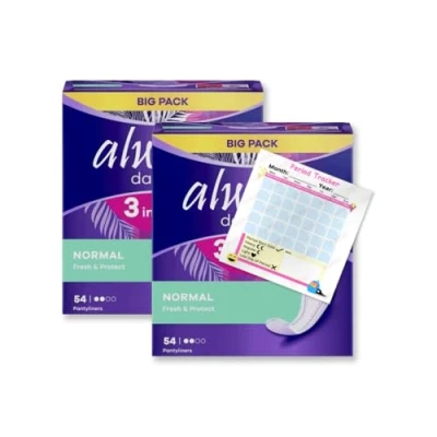 Image of Always Dailies Panty Liners Normal 108x Pantyliners Fresh &amp; Protect 3 in 1 Comfort, Protection and Freshness Odour Neutralising Pack of 2X 54 Including Jaspem Period Tracker