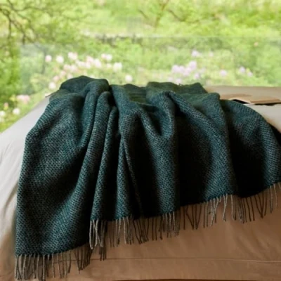 Image of Tweedmill Beehive Blanket/Throw Emerald &amp; Grey 150x240cm 100% Pure New Wool Made in the UK