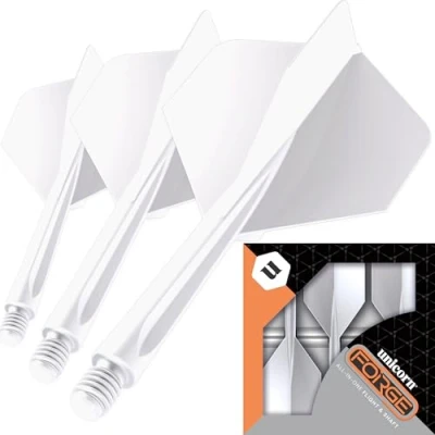 Image of Unicorn Forge Integrated Dart Flights &amp; Shafts 1 Piece Construction for Perfect 90˚ Angle Lightweight Tough Polymer Standard Plus Shape 2B Thread Medium Length Stem 26 mm White Set of 3