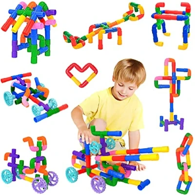 Image of SIENIANLINE STEM Learning Pipe Tube Toy, Locks Construction Building Blocks 96 Pcs Multicolor Educational Set with Wheels&amp; Spouts &amp; Joints for Kid Ages 3+