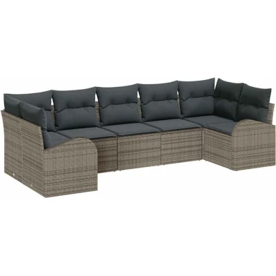 Image of vidaXL 7 Piece Garden Sofa Set with Cushions Grey Poly Rattan