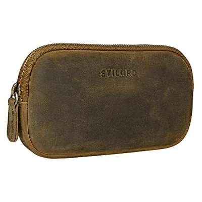 Image of STILORD &#039;Mike&#039; Small Leather Pouch Vintage for Men Women Ideal as Pencil Case Cosmetic Bag Coin Purse Key Organizer in Genuine Leather, Colour:Middle Brown