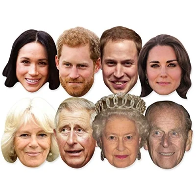 Image of STAR CUTOUTS SMP370 Royals 8 Pack (Queen, Phillip, William, Kate, Charles, Camilla, Harry Beard, Meghan) Family MASK Multipack, Solid, Multi Colour, Regular