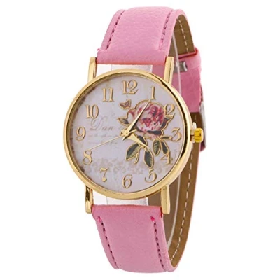 Image of HshDUti Women&#039;s Fashion Rose Flower Printed Round Dial Faux Leather Strap Quartz Analog Wrist Watch Ladies Watches Girls Christmas Birthday Gifts Pink