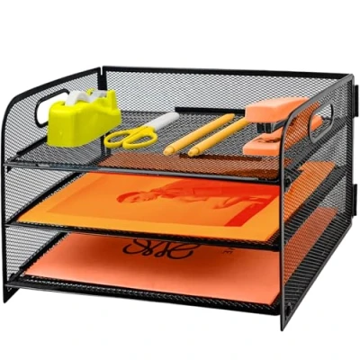 Image of 3 Tier Paper Letter Tray with Handle, Metal Mesh Desk File Organizer Trays, A4 Desktop Filing Magazine Document Holder for Home Office School