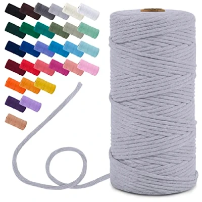 Image of Uiopa Macrame Cord 3mm x 100m, Single Strand Yarn Thick Thread Natural Cotton Cord, Coloured Craft String for DIY Crafts, Wall Hanging, Plant Hanger, Tassels (Light Gray)