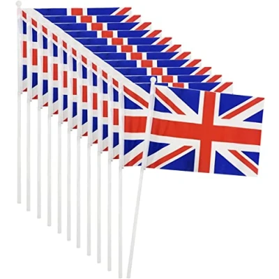 Image of I LOVE FANCY DRESS Union Jack Hand Waving Flags Pack of 12 United Kingdom Attached to a Plastic Stick King&#039;s Coronation Street Party Accessory