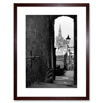Image of Wee Blue Coo Photo Cityscape Edinburgh Royal Mile Lane Black White Framed Wall Art Print