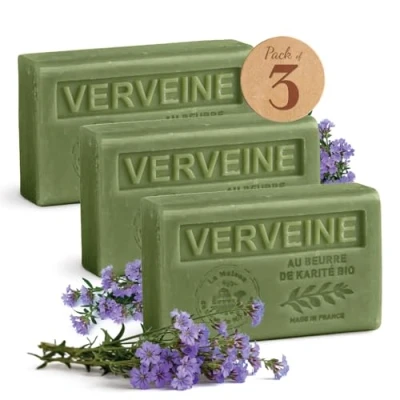 Image of Maison du Savon de Marseille French Soap made with Organic Shea Butter Moisturizing for Soft Skin Verbena Fragrance 125 Gram Bars Set of 3