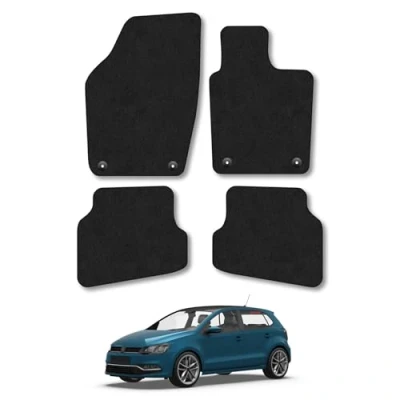 Image of Car Mats Compatible with VW Polo (2009 2017) Tailored Fit Black Carpet Floor Set Accessory Custom 4 Pieces Anti Slip Backing &amp; Binding Trim Edge