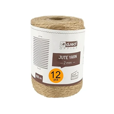 Image of D.RECT 100 m Jute Twine Pack of 12 Natural Brown Cord Packing Gift Ribbon Craft Decorative 2 mm Thick For: Packaging, DIY Arts Crafts, Floristry, Decoration, 110991