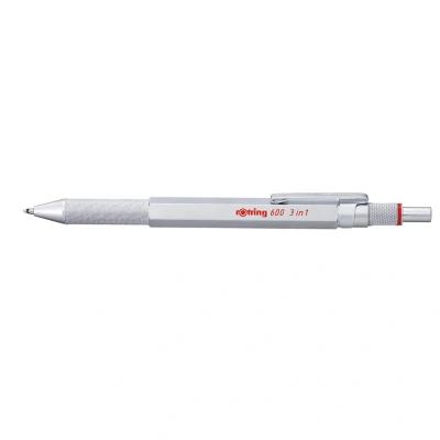 Image of rOtring 600 3 in 1 Multicolour Pen and Mechanical Pencil Black &amp; Red Ballpoint Tips Tip (0.5mm) Silver Barrel