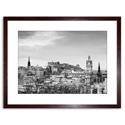 Image of Wee Blue Coo Photo Cityscape Edinburgh Castle Rooftops Black White Framed Wall Art Print