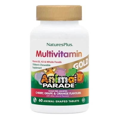 Image of NaturesPlus Animal Parade Gold Children’s Multivitamin Fun Shaped Chewable Multi for Kids Cherry, Orange and Grape Flavours Vegan, Gluten Free 60 Tablets