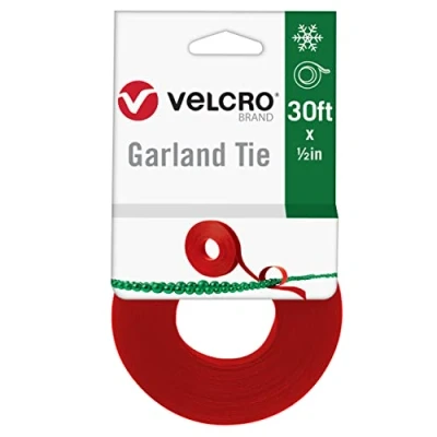Image of VELCRO Brand Holiday Garland Ties or Cable Straps Hang Garlands, Lights Wreath for Banister, Railings, Stairs Lamp Posts 30ft Roll Cut to Custom Length Red