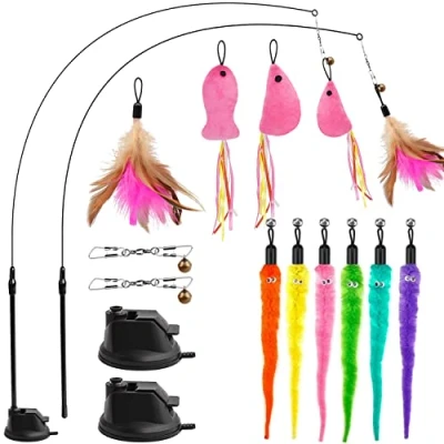 Image of GingerUPer Cat Toys for Indoor Cats Adult Kitten Interactive Training,Cat Feather Toy,Interactive Teaser Wand with Bells and Feather,9 Refills 2 Super Suction