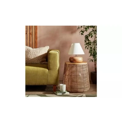 Image of Pebble Mango Wood Table Lamp Renowned for Its Prominent Grain and Light Dark Ttones On Top of The Minimal Metal Stem Sits A Perfectly Proportioned White Cotton Shade Natural