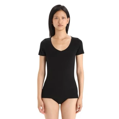 Image of Icebreaker Merino Wool Underwear, Women&#039;s Short Sleeve Sweetheart T Shirt, Siren Gym Top, Running Top Black, XS.