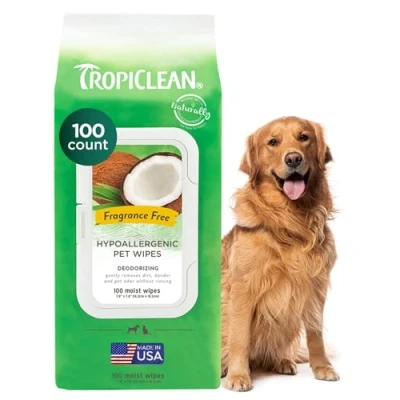 Image of TropiClean Dog Wipes Grooming Hypoallergenic Cleaning &amp; Deoderising for Dogs, Cats, Puppies Kittens with Allergies Sensitive Skin Removes Dirt, Dander Odor, Fragrance Free, 100ct